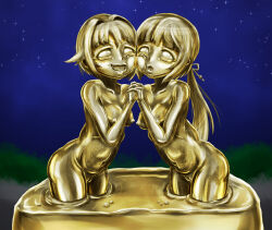 Rule 34 | 2girls, blank eyes, blonde hair, bodypaint, cheek-to-cheek, colored eyelashes, facepaint, gold paint, gold skin, heads together, idolmaster, idolmaster cinderella girls, interlocked fingers, koshimizu sachiko, metal skin, multiple girls, paint, petrification, puffy nipples, pussy, shiny skin, yaneura (yaneur), yorita yoshino