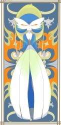 2022 absurdres alternate_color art_nouveau blue_hair card_(medium) card_parody closed_eyes flat_color gardevoir gen_3_pokemon highres nintendo open_hands palms pokemon pokemon_(creature) renv shiny_pokemon symmetry