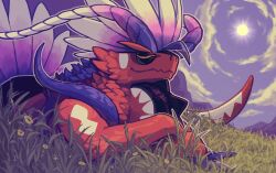 Rule 34 | closed eyes, closed mouth, cloud, cyborb, grass, koraidon, lying, nintendo, no humans, nostrils, outdoors, outline, pokemon, pokemon (creature), pokemon focus, pokemon tcg, second-party source, sky, sleeping, solo, sun, white outline