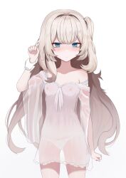 1girl absurdres blue_eyes breasts chemise collarbone covered_erect_nipples disembodied_hand flat_chest highres holding_another&#039;s_wrist long_hair marimari_(vtuber) newjeffy7210 panties panties_visible_through_clothes phase_connect see-through_chemise see-through_clothes short_eyebrows solo strap_slip sweat underwear virtual_youtuber white_background white_hair white_panties