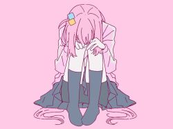 1girl ahoge black_shorts black_skirt black_socks bocchi_the_rock! covering_face cube_hair_ornament gotoh_hitori hair_ornament hands_on_own_knees knees_up long_hair pink_background pink_hair pink_tracksuit shorts simple_background sitting skirt socks solo yunayuispink