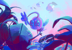 Rule 34 | black skin, blue eyes, blue sky, blush stickers, cloud, colored skin, creature, creature focus, face-to-face, flower, flying, from behind, happy, highres, holding another&#039;s wrist, insect wings, leaf, looking at another, nintendo, no humans, no mouth, outdoors, palm leaf, pikmin (creature), pikmin (series), pink skin, purple flower, rock, rock pikmin, sky, solid circle eyes, winged pikmin, wings, yu pikmin