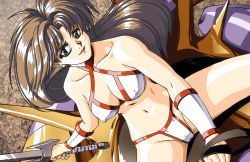 1980s_(style) 1girl amazon_warrior bikini blue_eyes breasts brown_hair cameltoe commentary dennis_pulido english_commentary golden_axe ink_(medium) long_hair looking_at_viewer monster oldschool photoshop_(medium) retro_artstyle riding sega sitting solo swimsuit sword traditional_media tyris_flare video_game warrior weapon white_bikini
