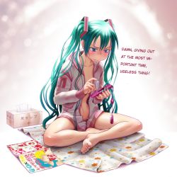 1girl aqua_eyes aqua_hair barefoot battery blush bottomless cameo egg_vibrator feet female_focus female_pubic_hair hard-translated hatsune_miku highres hood hoodie indian_style jacket kagamine_len kaito_(vocaloid) long_hair magazine_(object) nail_polish naked_shirt no_panties open_clothes pornography pubic_hair sex_toy shirt sitting solo third-party_edit tissue tissue_box toes translated twintails vibrator vocaloid wokada yaoi