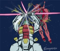 artist_name assault_visor commentary double_blade energy_sword fighting gelgoog gelgoog_(gquuuuuux) glowing glowing_eyes green_visor gundam gundam_gquuuuuux hashtag-only_commentary holding holding_sword holding_weapon kin-san_(sasuraiga) mecha mecha_focus mobile_suit mobile_suit_gundam no_humans purple_eyes red_gundam robot scene_reference science_fiction space sword twitter_username v-fin weapon
