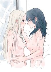 2girls bare_arms bare_shoulders blonde_hair blue_eyes breasts closed_mouth completely_nude couple edelgard_von_hresvelg emika_(ww66229393) female_byleth_(fire_emblem) fire_emblem fire_emblem:_three_houses from_side green_hair hair_between_eyes hair_down highres large_breasts light_blush looking_at_another medium_breasts multiple_girls nintendo nipples nude parted_bangs puffy_nipples purple_eyes showering standing steaming_body upper_body wavy_hair wet yuri
