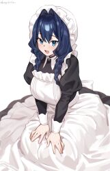1girl apron black_dress black_hair blue_eyes blush braid dopirin dress hair_intakes hat highres hololive hololive_english long_hair long_sleeves low_twin_braids maid_apron mob_cap official_alternate_costume official_alternate_hairstyle open_mouth ouro_kronii ouro_kronii_(maid) smile solo twin_braids virtual_youtuber white_apron