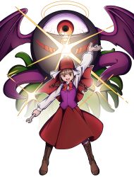 Rule 34 | absurdres, bat wings, bloodshot eyes, boots, bow, braid, brown eyes, brown hair, evil eye sigma, ex-rika, eyeball, floating, hair bow, halo, hat, highres, long sleeves, mefomefo, red headwear, ribbon, rika (touhou), shirt, short hair, skirt, smile, story of eastern wonderland, tentacles, touhou, touhou (pc-98), white shirt, wings, wrench