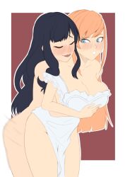 2girls apron black_hair blue_eyes blush breasts cheeso_art cleavage closed_eyes completely_nude couple eyelashes final_fantasy final_fantasy_xiv frilled_apron frills from_behind gaia_(ff14) heart_apron highres hug hug_from_behind implied_futanari implied_sex large_breasts lips lipstick long_hair makeup motion_blur motion_lines multiple_girls naked_apron nude open_mouth orange_hair parted_lips ryne_waters sex sex_from_behind smile swept_bangs thighs yuri
