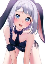 1girl :d absurdres all_fours alternate_costume animal_ears black_leotard black_necktie blue_eyes blush bob_cut breasts bunny_day check_commentary commentary_request detached_collar embarrassed gakuen_idolmaster grey_hair hair_intakes highres idolmaster katsuragi_lilja leotard looking_at_viewer lop_rabbit_ears necktie open_mouth playboy_bunny rabbit_ears short_hair short_necktie side-tie_leotard simple_background single_strap leotard small_breasts smile solo white_background yatoroku