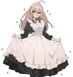 1girl absurdres ahoge alternate_costume apron black_dress black_hair brown_eyes brown_hair dress enmaided glasses hair_between_eyes hana20000920 highres hololive hololive_english long_dress long_hair long_sleeves looking_at_viewer maid maid_apron maid_headdress multicolored_hair nanashi_mumei open_mouth round_eyewear simple_background skirt_hold solo streaked_hair virtual_youtuber white_apron white_background white_hair