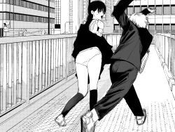 1boy 1girl building chainsaw_man city denji_(chainsaw_man) dress fourth_east_high_school_uniform fujimoto_tatsuki_(style) gakuran greyscale highres jacket kneehighs mitaka_asa monochrome nanami_toga open_mouth outdoors panties pants pantyshot pinafore_dress school_uniform short_hair sleeveless sleeveless_dress socks underwear