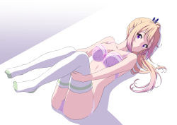 10s 1girl ass bad_id bad_pixiv_id blonde_hair bra breasts cleavage closed_mouth collarbone female_focus full_body gradient_hair hair_ornament highres kawakami_mai leg_hold leg_up lingerie long_hair looking_at_viewer lying mole mole_under_eye multicolored_hair musaigen_no_phantom_world no_shoes oku_no_shi on_back panties pink_bra pink_hair pink_panties purple_eyes side_ponytail smile solo thighhighs underwear underwear_only white_thighhighs