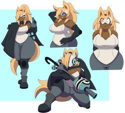 1girl animal_ears breasts cleavage closed_eyes commentary dewwydarts english_commentary furry furry_female highres large_breasts multiple_views open_mouth smile sonic_(series) tail thick_thighs thighs whisper_the_wolf wolf_ears wolf_girl wolf_tail