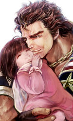 1boy 1girl asuka_(hokuto_no_ken) carrying chain child child_carry ein_(hokuto_no_ken) closed_eyes father_and_daughter fingerless_gloves gloves hetero hokuto_no_ken isi88 jobo_(isi88) kiss kissing_cheek manly mullet realistic scarf smile