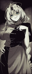 1girl absurdres black_sheep_(artist) blue_eyes blush braid breasts grin hand_on_own_chest hand_on_own_hip hat highres large_breasts long_hair looking_at_viewer nurse_cap partially_colored short_sleeves smile solo sweat sweatdrop teeth touhou two-tone_shirt two-tone_skirt very_long_hair white_hair yagokoro_eirin