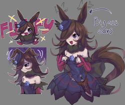 1girl absurdres animal_ears blue_flower blue_rose commentary dress english_commentary english_text flower grey_background hair_over_one_eye hat hat_flower highres horse_ears horse_girl horse_tail pkbunny rice_shower_(umamusume) rose simple_background solo tail umamusume
