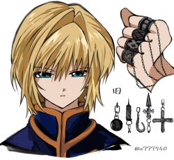 1boy blonde_hair blue_eyes blue_shirt chain clenched_hand commentary cropped_shoulders e999740 gold_trim hand_chains hashtag-only_commentary highres hunter_x_hunter kurapika male_focus narrowed_eyes parted_lips shirt short_hair solo white_background