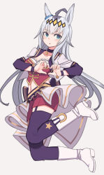 1girl absurdres animal_ears black_choker blue_eyes boots choker commentary ear_ornament four-finger_heart_hands full_body garter_straps grey_background grey_hair hair_ornament heart heart_hands highres horse_ears horse_girl horseshoe_ornament jacket jumping legs long_hair long_sleeves looking_at_viewer midriff navel official_alternate_costume oguri_cap_(umamusume) overskirt parted_lips purple_thighhighs red_shorts red_vest short_shorts shorts simple_background skirt solo starting_future_(umamusume) thighhighs umamusume vest white_boots white_jacket white_skirt wristband yamada_nagi