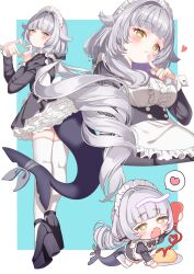 Rule 34 | 1girl, absurdres, alternate costume, apron, black dress, black shoes, blush, breasts, cetacean tail, chibi, closed mouth, dress, enmaided, fang, finger to mouth, fins, fish tail, food, frilled apron, frills, grey hair, hair flaps, ham3c, heart, heart hands, high heels, highres, ketchup, large breasts, long hair, long sleeves, looking at viewer, looking back, maid, maid apron, maid headdress, multiple views, omelet, omurice, open mouth, rurune (vrchat), shark girl, shark tail, shoes, skin fang, smile, spoken heart, tail, thighhighs, very long hair, vrchat, white apron, white thighhighs, yellow eyes