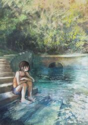 1girl absurdres artist_name bare_shoulders barefoot black_eyes black_hair blue_shorts camisole closed_mouth day denim denim_shorts faux_traditional_media forest highres knees_up nao1524 nature original outdoors painterly painting_(medium) river ruins scenery short_hair short_shorts shorts signature sitting sitting_on_stairs soaking_feet solo stairs traditional_media tree water wide_shot