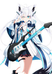 Rule 34 | 1girl, absurdres, ahoge, animal ear fluff, animal ears, ayana haku, black dress, blush, braid, breasts, commentary request, dog tags, dress, earrings, fox ears, fox girl, fox shadow puppet, fox tail, green eyes, grey hair, guitar, hair between eyes, hair ornament, highres, hololive, instrument, jacket, jewelry, long hair, looking at viewer, one eye closed, open clothes, open jacket, shirakami fubuki, shirakami fubuki (fubukitek), sidelocks, simple background, single braid, small breasts, smile, solo, tail, thigh strap, twintails, virtual youtuber, white background, white hair, white jacket
