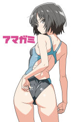 1girl adjusting_clothes adjusting_swimsuit amagami ass black_eyes black_hair blush breasts commentary_request competition_swimsuit from_behind highres looking_at_viewer looking_back matuo3232 nanasaki_ai one-piece_swimsuit short_hair small_breasts solo swimsuit