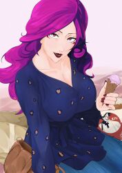 Rule 34 | 1girl, absurdres, alternate costume, bleach, bleach: sennen kessen-hen, blue dress, blue skirt, breasts, casual, character print, chicken (food), cleavage, collarbone, commentary, contemporary, cowboy shot, curly hair, dakaeya, dress, english commentary, eyelashes, eyes visible through hair, facial mark, food, fried chicken, hand up, highres, hikifune kirio, holding, holding food, holding ice cream, ice cream, ice cream cone, kfc, large breasts, long hair, long sleeves, looking at viewer, lower teeth only, mature female, nail polish, parted bangs, parted lips, pink hair, red eyes, red lips, red nails, simple background, sitting, skirt, smile, solo, teeth, tsurime, upturned eyes, white background, zaraki kenpachi