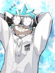 +++ 1boy arknights arms_behind_head arms_up black_gloves blue_hair coat commentary_request dark-skinned_male dark_skin ethan_(arknights) gloves goggles grey_eyes grin highres male_focus short_hair short_sideburns smile solo takeuchi_(a3) teeth twitter_username uneven_eyes upper_body white_coat zipper_pull_tab