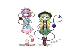 :3 :d black_hairband black_hat blue_shirt boots bow brown_boots brown_eyes buttons diamond_button frilled_socks frills green_eyes green_skirt hair_ornament hairband hand_on_own_face hat heart heart-shaped_ornament heart_hair_ornament komeiji_koishi komeiji_satori medium_hair open_mouth own_hands_clasped own_hands_together pink_hair pink_shoes pink_skirt shirt shoes siblings sisters skirt smile smug socks third_eye touhou two-tone_skirt white_background white_sleeves wide_sleeves yellow_bow yellow_shirt yoiy_san