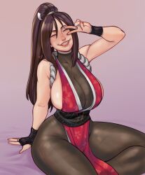 1girl absurdres arm_support bodystocking breasts brown_hair cleavage closed_eyes curvy fatal_fury head_tilt high_ponytail highres huge_breasts large_breasts motoyui nagainosfw ninja pantyhose pelvic_curtain ponytail shiranui_mai sitting smile solo the_king_of_fighters thick_thighs thighs v v_over_eye wide_hips
