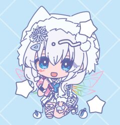 1girl :d blue_eyes blush chibi chiji_komari fairy_wings fur-trimmed_jacket fur-trimmed_sleeves fur_trim goddess_of_victory:_nikke hair_between_eyes hood hooded_jacket jacket kneeling n102_(miracle_fairy)_(nikke) n102_(nikke) official_alternate_costume open_mouth pom_pom_(clothes) ribbon s scrunchie shoes short_sleeves skirt smile sneakers solo white_hair white_skirt wings wrist_scrunchie