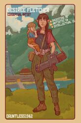 2girls absurdres artist_name assault_rifle baby blonde_hair blue_eyes blue_sky boots border braid brown_eyes brown_hair bulletproof_vest cargo_pants carrying carrying_baby carrying_person cloud cross cross_necklace dauntless1942 grass gun h&amp;k_g11 highres jewelry long_braid looking_at_viewer mountain multiple_girls necklace pants pawn_(rimworld) pointy_ears pouch radio_tower rifle rimworld river scope sky smile weapon