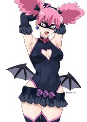 1girl absurdres armpits belt black_belt black_skirt black_thighhighs black_wings boku_no_hero_academia bow bow_choker breasts choker cleavage cleavage_cutout clothing_cutout colored_eyelashes covered_navel demon_wings ear_piercing earrings fake_wings haneyama_kazuho heattech_leotard highleg highleg_leotard highres jewelry leotard low_twintails medium_breasts medium_hair miniskirt pearl_earrings piercing pink_eyes pink_hair red_choker sephtis skirt sleeveless sleeveless_turtleneck sleeveless_turtleneck_leotard thighhighs thighs turtleneck twintails vigilante_-boku_no_hero_academia:_illegals- white_background wings