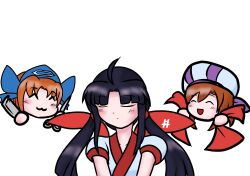 3girls ainu_clothes alternate_hairstyle breasts brown_hair closed_eyes hair_ribbon highres low_twintails manari multiple_girls nakoruru nakoruru_ano_hito_kara_no_okurimono purple_hair ribbon rimururu samurai_spirits siblings sisters small_breasts smile snk twintails