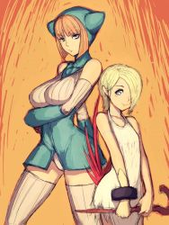2girls age_difference animal_hood blonde_hair blue_eyes breath_of_fire breath_of_fire_v capcom cat_hood elbow_gloves fumio_(rsqkr) gloves hair_over_one_eye hood lin lin_(breath_of_fire) multiple_girls nina_(breath_of_fire_v) red_hair short_hair thighhighs