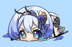 1girl ahichiru all_fours bandaged_foot bandages blue_background blue_eyes blue_hair blush_stickers brown_hairband chibi chibi_only commentary english_commentary fake_antennae full_body hair_ornament hairband long_hair simple_background snail_hair_ornament solo strinova yugiri_(strinova)