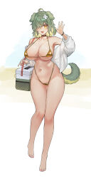 1girl :d absurdres animal_ears arm_up armpits barefoot bikini black_choker blonde_hair blush breasts choker cleavage collarbone commentary cooler dog_ears dog_girl dog_tail english_commentary fang flower full_body gluteal_fold gold_bikini green_hair hair_flower hair_ornament hair_over_one_eye highres jacket large_breasts little_nine long_sleeves looking_at_viewer micro_bikini multicolored_hair nail_polish navel off_shoulder open_clothes open_jacket open_mouth original pink_nails short_hair skin_fang smile solo standing swimsuit tail thigh_gap toenail_polish toenails two-tone_hair white_flower white_jacket wristband yellow_eyes