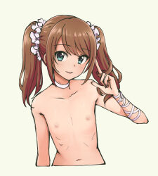 1boy brown_hair choker commentary_request flat_chest green_eyes idolmaster idolmaster_side-m long_hair looking_at_viewer male_focus mizushima_saki navel nipples nude partial_commentary pas_(paxiti) pectorals scrunchie solo trap twintails upper_body v
