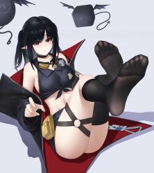 1girl absurdres arknights black_hair closure_(arknights) feet goggles goggles_around_neck highres light_blush long_hair looking_at_viewer parted_lips pointy_ears red_eyes see-through_clothes see-through_legwear socks soles toes twintails zuo_qi