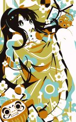 1girl :o animal black_eyes black_hair bow_hairband calico_cat cat center-flap_bangs floral_print full_body hair_between_eyes hairband highres holding holding_animal holding_cat japanese_clothes kimono kimono_skirt limited_palette long_hair mochigome_(ununquadium) open_mouth original sidelocks solo