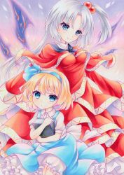alice_margatroid alice_margatroid_(pc-98) blonde_hair bloomers blue_eyes blue_hairband blue_skirt blue_vest book breasts capelet closed_mouth collared_shirt commentary_request curtained_hair dress frilled_dress frills grimoire_of_alice hair_bobbles hair_ornament hairband holding holding_book long_hair long_sleeves looking_at_viewer medium_breasts multiple_wings one_side_up puffy_short_sleeves puffy_sleeves purple_wings red_capelet red_dress shinki_(touhou) shirt short_hair short_sleeves skirt smile touhou touhou_(pc-98) underwear vest wassmint white_bloomers white_hair white_shirt wings