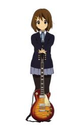 1girl absurdres anime_coloring black_jacket black_pantyhose blazer bob_cut brown_eyes brown_hair buttons closed_mouth collared_shirt dot_nose electric_guitar full_body gibson_les_paul grey_skirt guitar hair_ornament hairpin hand_rest highres hirasawa_yui horiguchi_yukiko instrument jacket k-on! long_sleeves looking_ahead looking_at_viewer miniskirt official_art own_hands_together pantyhose pleated_skirt sakuragaoka_high_school_uniform scan school_uniform shirt simple_background skirt smile split_mouth standing straight-on tachi-e third-party_source v-shaped_eyebrows white_background wing_collar