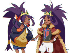 1girl alternate_costume cape crown dark-skinned_female dark_skin dual_persona dynamax_band iris_(pokemon) jacket leon_(pokemon)_(cosplay) long_hair maroon_eyes nintendo one_eye_closed oversized_clothes pokemon pokemon_(anime) pokemon_bw pokemon_journeys pokemon_swsh ponytail purple_hair raihan_(pokemon)_(cosplay) shorts very_long_hair wink