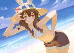 1girl animal_ears bare_shoulders beach belt belt_buckle bikini bikini_top_only blue_sky bracelet braid breasts brown_hair brown_shorts buckle bunny_girl_(timbougami) closed_mouth cloud cloudy_sky collarbone contrapposto day flower hair_between_eyes hand_on_own_hip hat hat_flower horizon jewelry long_hair medium_breasts midriff navel ocean original outdoors pink_flower rabbit_ears rabbit_girl short_shorts shorts sidelocks sky smile solo standing stomach straw_hat swimsuit timbougami twin_braids water white_bikini yellow_eyes