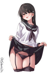 1girl artist_name black_hair black_neckerchief black_panties black_sailor_collar black_skirt black_thighhighs blush breasts brown_eyes clothes_lift cropped_legs ebifurya garter_belt hair_between_eyes hair_ornament hairclip half-closed_eyes hayashio_(kancolle) highres kantai_collection lifting_own_clothes looking_at_viewer mole mole_under_eye naughty_face neckerchief one-hour_drawing_challenge panties panties_over_garter_belt sailor_collar shirt sidelocks simple_background skirt skirt_lift small_breasts solo thigh_gap thighhighs thighs tongue tongue_out twitter_username underwear white_background white_shirt