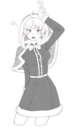 Rule 34 | 1girl, absurdres, ahoge, arm behind back, blush, bow, bowtie, breasts, capelet, cropped legs, dress, eyebrows hidden by hair, fur-trimmed capelet, fur-trimmed dress, fur trim, greyscale, highres, large breasts, looking at viewer, monochrome, mushoku tensei, norn greyrat, open mouth, root (1732050807point), simple background, solo, teeth, white background
