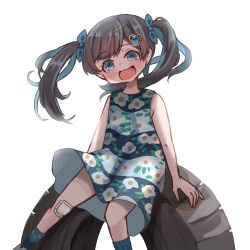 1girl ^_^ aged_down alternate_costume animal_print backlighting bandaid bandaid_on_knee bandaid_on_leg black_hair blue_eyes blue_hair blue_socks cat_print cevio closed_eyes colored_inner_hair commentary_request dress feet_out_of_frame floral_print floral_print_dress futaba_kominato futaba_minato hair_ornament hair_scrunchie highres hon_mirin_(nodaminn) jewelry kneehighs leaf_hair_ornament long_hair looking_at_viewer multicolored_hair open_mouth print_dress print_socks scrunchie shoes simple_background sitting sleeveless sleeveless_dress smile socks solo swept_bangs twintails uniqlo unused_tire white_background white_shoes