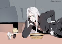 Rule 34 | 3boys, aged down, belt, black belt, black coat, black gloves, black pants, black shoes, black vest, blonde hair, blue eyes, bowl, character name, chest strap, chibi, chinese commentary, cloud strife, coat, commentary request, couch, day, diaper, elbow rest, final fantasy, final fantasy vii, final fantasy vii remake, gloves, green eyes, grey hair, hair intakes, head on hand, highres, holding hands, indoors, long bangs, long coat, long hair, long sleeves, looking at another, looking down, male focus, milk, multiple belts, multiple boys, multiple persona, no armor, pants, parody, parted bangs, sephiroth, sephiroth (ever crisis), shoes, short hair, size difference, slit pupils, smile, sneaking, spiked hair, tom and jerry, topless male, twitter username, vest, waist cape, walking, zi (murasaki0615)