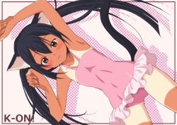 1girl animal_ears black_hair brown_eyes cat_ears female_focus hair_down k-on! nakano_azusa nora-toro off_shoulder pink_theme solo swimsuit tail tan tanline